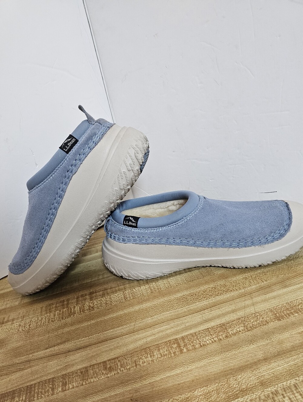 LL Bean Womens 9 Medium Blue Suede Shearling Lined Slip On Clogs Shoes
